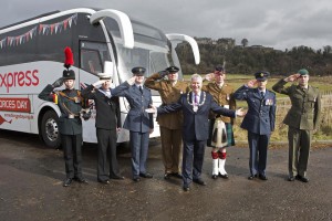 Members of the Armed Forces and The Lord Provost of Stirling Mike Robbins at the launch of the support by National Express for Armed Forces Day 2014