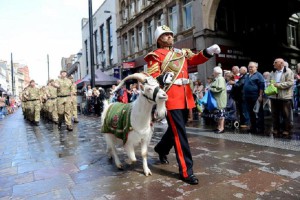 Sergeant Jackson and the Mascot of the 3rd Battalion the Royal Welsh on parade in Cardiff