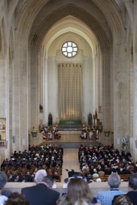 The congregation at the Armed Forces Day service at Guildford Cathedral today. Today, thousands of people across the country celebrated the men and women of the Armed Forces, past and present, at more than 150 events to mark the seventh annual Armed Forces Day. Events ranged from large scale parades to simple community events, but the main focus of attention was at the National Event in Guildford, attended by His Royal Highnesses The Duke of York and the Prime Minister David Cameron. The Secretary of State for Defence Michael Fallon and the Worshipful Mayor of Guildford Nikki Nelson-Smith also attended. The days celebrations began with a thanksgiving service at Guildford Cathedral, followed by a parade of more than 900 Service personnel, veterans and cadets through the historic heart of Guildford from the High Street to the outdoor events arena, Stoke Park. The Duke of York took the salute on the parade route on behalf of The Queen and Royal Family, as the world famous Red Arrows roared over the square in tribute. Afternoon celebrations continued Stoke Park with a variety of military displays including a Royal Air Force GR4 Tornado flypast. Visitors also enjoyed a Sea King search and rescue demonstration, Spitfires and Hurricaines from the RAF Battle of Britain memorial Flight and a Swordfish biplane from the Royal Navy Historic Flight. In addition, crowds of an estimated 60,000 were treated to three parachute displays from the Royal Navy Raiders, the Army Red Devils and the RAF Falcons, as well as the Royal Signals White Helmet motorbike display team on the ground. The Red Arrows took to the skies again as the military celebrations drew to a close accompanied by a tri-service group of military bands made of Her Majestys Royal Marines, Portsmouth, the Band of the Grenadier Guards, and the Central Band of the Royal Air Force.
