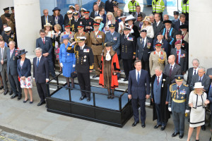 Today, thousands of people across the country celebrated the men and women of the Armed Forces, past and present, at more than 150 events to mark the seventh annual Armed Forces Day. Events ranged from large scale parades to simple community events, but the main focus of attention was at the National Event in Guildford, attended by His Royal Highnesses The Duke of York and the Prime Minister David Cameron. The Secretary of State for Defence Michael Fallon and the Worshipful Mayor of Guildford Nikki Nelson-Smith also attended. The days celebrations began with a thanksgiving service at Guildford Cathedral, followed by a parade of more than 900 Service personnel, veterans and cadets through the historic heart of Guildford from the High Street to the outdoor events arena, Stoke Park. The Duke of York took the salute on the parade route on behalf of The Queen and Royal Family, as the world famous Red Arrows roared over the square in tribute. Afternoon celebrations continued Stoke Park with a variety of military displays including a Royal Air Force GR4 Tornado flypast. Visitors also enjoyed a Sea King search and rescue demonstration, Spitfires and Hurricaines from the RAF Battle of Britain memorial Flight and a Swordfish biplane from the Royal Navy Historic Flight. In addition, crowds of an estimated 60,000 were treated to three parachute displays from the Royal Navy Raiders, the Army Red Devils and the RAF Falcons, as well as the Royal Signals White Helmet motorbike display team on the ground. The Red Arrows took to the skies again as the military celebrations drew to a close accompanied by a tri-service group of military bands made of Her Majestys Royal Marines, Portsmouth, the Band of the Grenadier Guards, and the Central Band of the Royal Air Force.