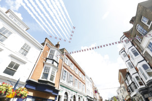 The Red Arrows fly over the Armed Forces Day National Event parade in Guildford today 27 June. Thousands of people have today celebrated the men and women of the Armed Forces past and present at events up and down the country to mark the seventh annual Armed Forces Day. Events have ranged from large scale parades to simple community events, but the main focus of attention was at the National Event in Guildford, attended by His Royal Highness The Duke of York.