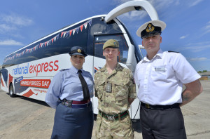 NATIONAL EXPRESS ARMED FORCES DAY Pictured with a National Express coach complete with Armed Forces Day Livery are: SAC Polly Manning (RAF),Capt James Crowther (Army) & WO1 Sean Jones (Royal Navy) FOR FURTHER DETAILS CONTACT: Ros Golds on 0121 460 8419 / 07825 976593 or rosalyn.golds@nationalexpress.com Picture by Adam Fradgley