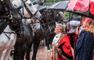 The Worshipful the Mayor of the Royal Borough of Kensington and Chelsea, Councillor Elizabeth Rutherford meets the horses of the Household Cavalry Mounted Regiment.