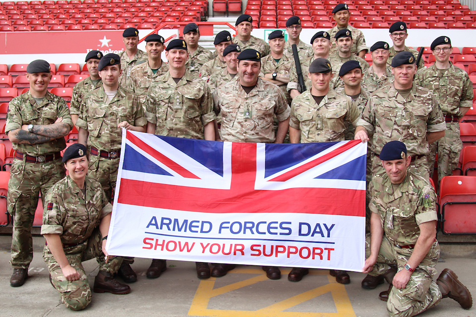 350 Field Squadron (EOD) Royal Engineers celebrating Armed Forces Day with Armed Forces Day Flag whilst on exercise at Nottingham Forest Football Club.